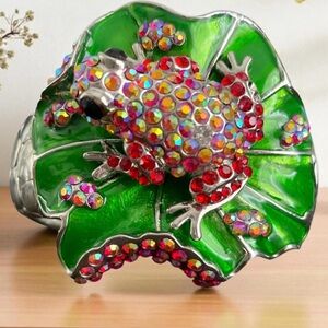Vintage Cuff Bracelet with Embellished Frog on a Lilly Pad